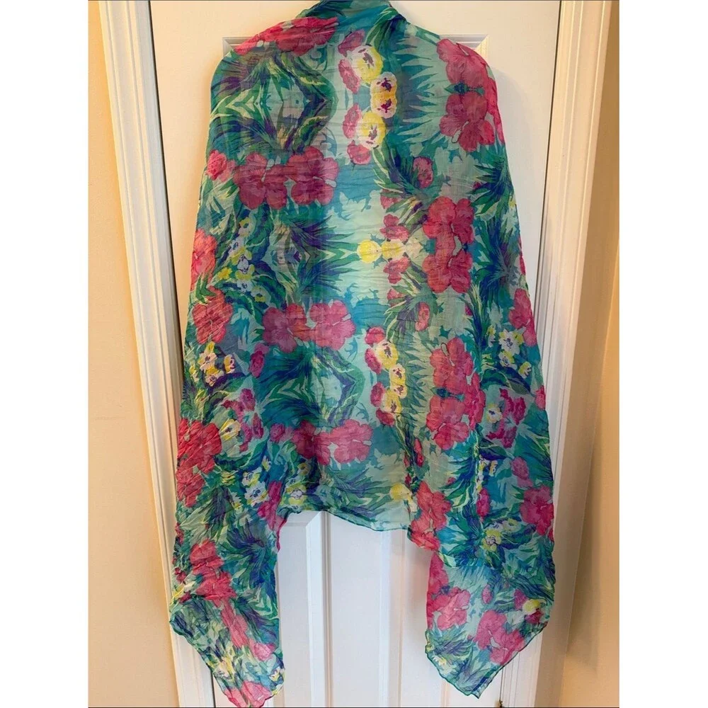 Tropical Floral Sheer Scarf Wrap Sarong Pareo - Teal, Pink, Yellow Colorful